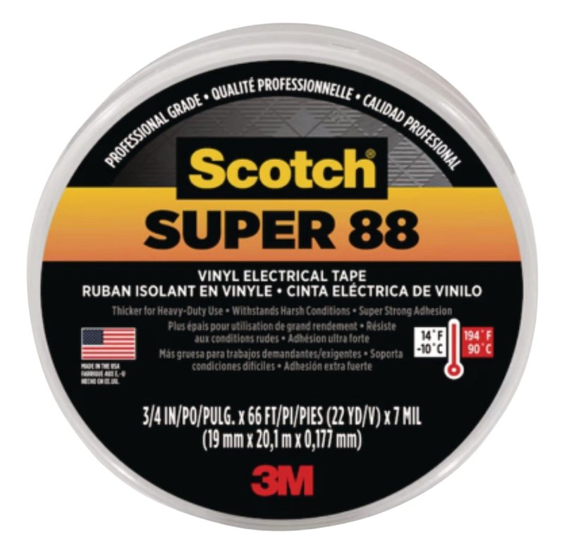 Scotch 88 Electrical Tape, 66 ft L, 3/4 in W, PVC Backing, Black