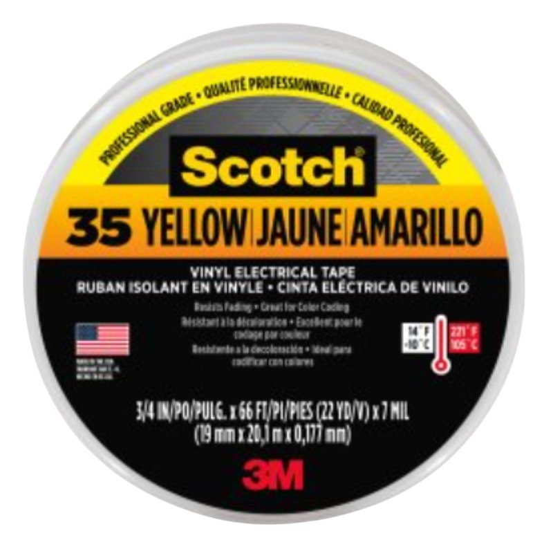 Scotch 10844-DL-5 Electrical Tape, 66 ft L, 3/4 in W, PVC Backing, Yellow