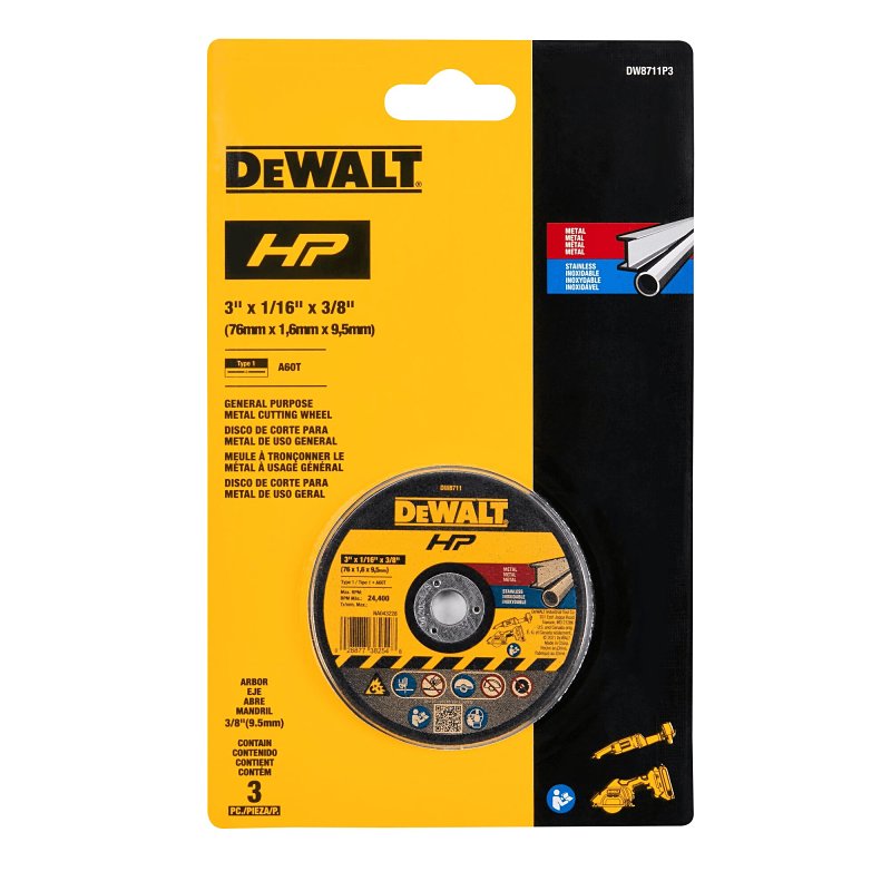 DEWALT DW8711P3 Bonded Cutting Wheel, 3 in Dia, 1/16 in Thick, 3/8 in Arbor, Aluminum Oxide Abrasive