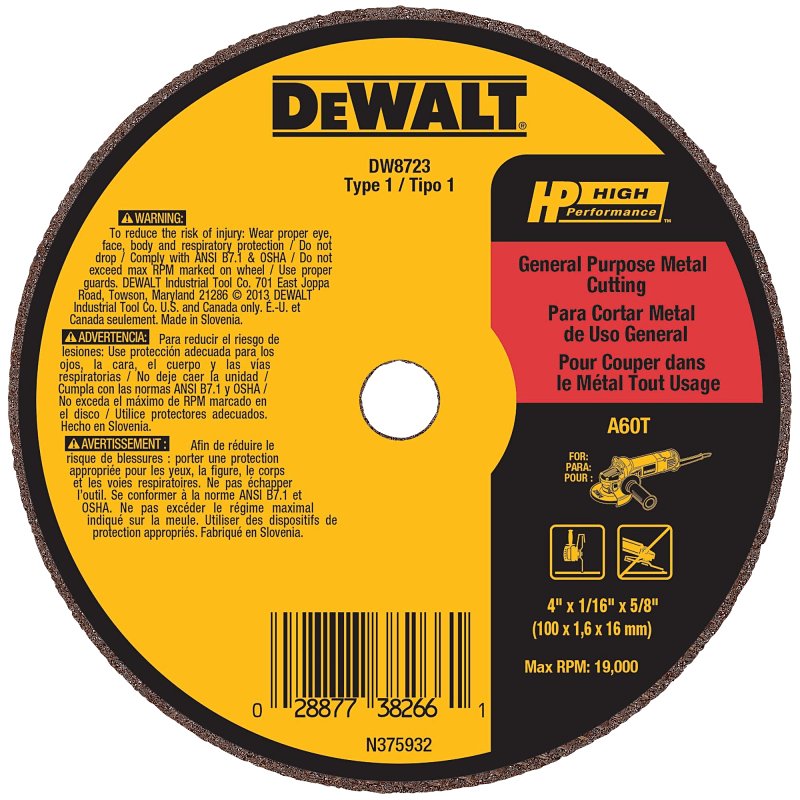 DEWALT HP DW8723 Cutting and Grinding Wheel, 4 in Dia, 1/16 in Thick, 5/8 in Arbor, 60 Grit, Aluminum Oxide Abrasive