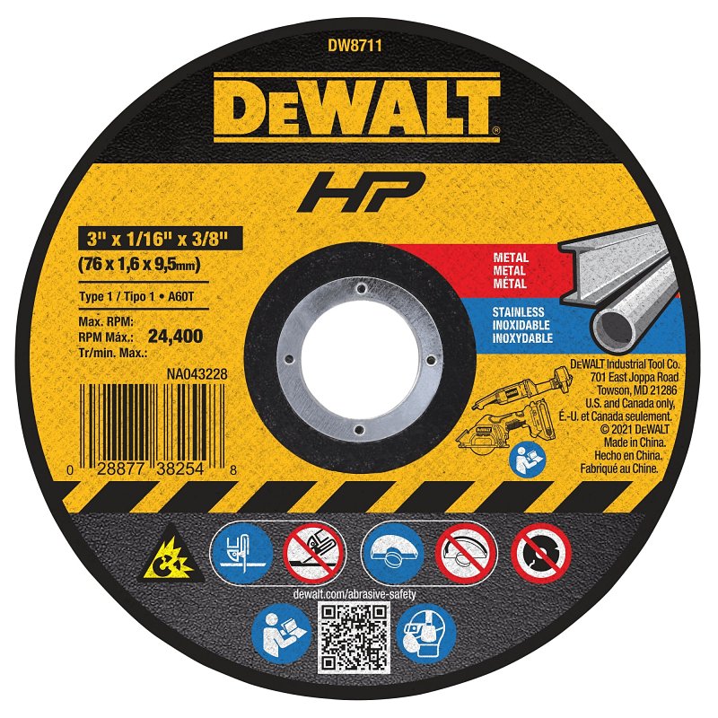 DEWALT HP DW8711 Cutting and Grinding Wheel, 3 in Dia, 1/16 in Thick, 3/8 in Arbor, A60T Grit, Very Fine