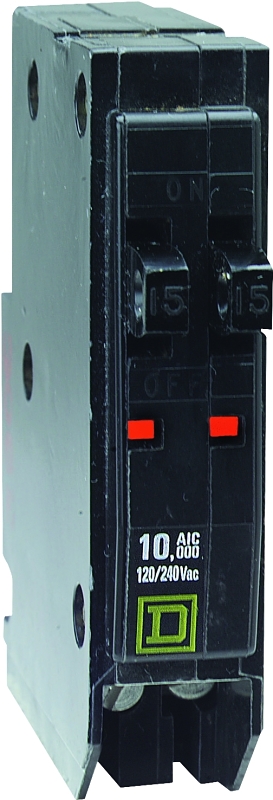 Square D QOT1515CP Miniature Circuit Breaker, Tandem, 15 A, 1-Pole, 120/240 V, Plug Mounting, Black