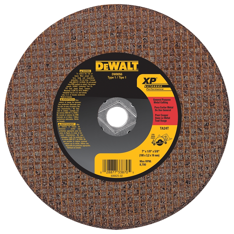 DEWALT XP DW8056 Cutting Wheel, 7 in Dia, 1/8 in Thick, 5/8 in Arbor, Coarse, Aluminum Oxide Abrasive
