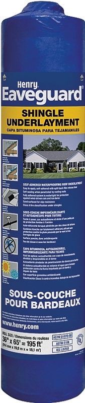 Eaveguard HE740916 Roofing Underlayment, 65 ft L, 3 ft W, Asphalt, Blue