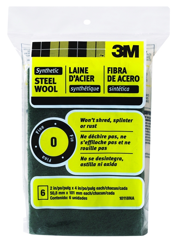 3M 10118 Steel Wool, 4 in L, 2 in W, 0 Grit, Fine, Green