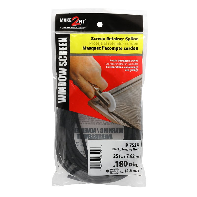 Make-2-Fit P 7524 Screen Retainer Spline, 0.180 in D, 25 ft L, Vinyl, Black, Round
