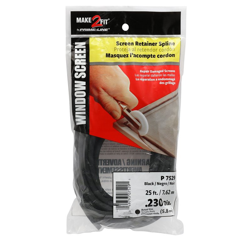 Make-2-Fit P 7529 Screen Retainer Spline, 0.230 in D, 25 ft L, Vinyl, Black, Round
