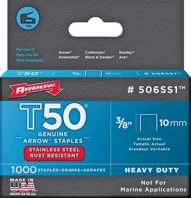 Arrow T50 Series 506SS1 Staple, For: HT 50A, T50, T5 Stapler, 3/8 in W Crown, 3/8 in L Leg, Pack of 5