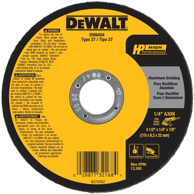 DEWALT HP DW8404 Grinding Wheel, 4-1/2 in Dia, 1/4 in Thick, 7/8 in Arbor, 30 Grit, Very Coarse, Aluminum Oxide Abrasive