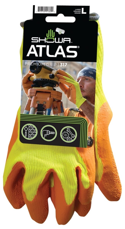 Showa 317L-09.RT High-Visibility Coated Gloves, L, Knit Wrist Cuff, Natural Rubber Coating, Polyester Glove