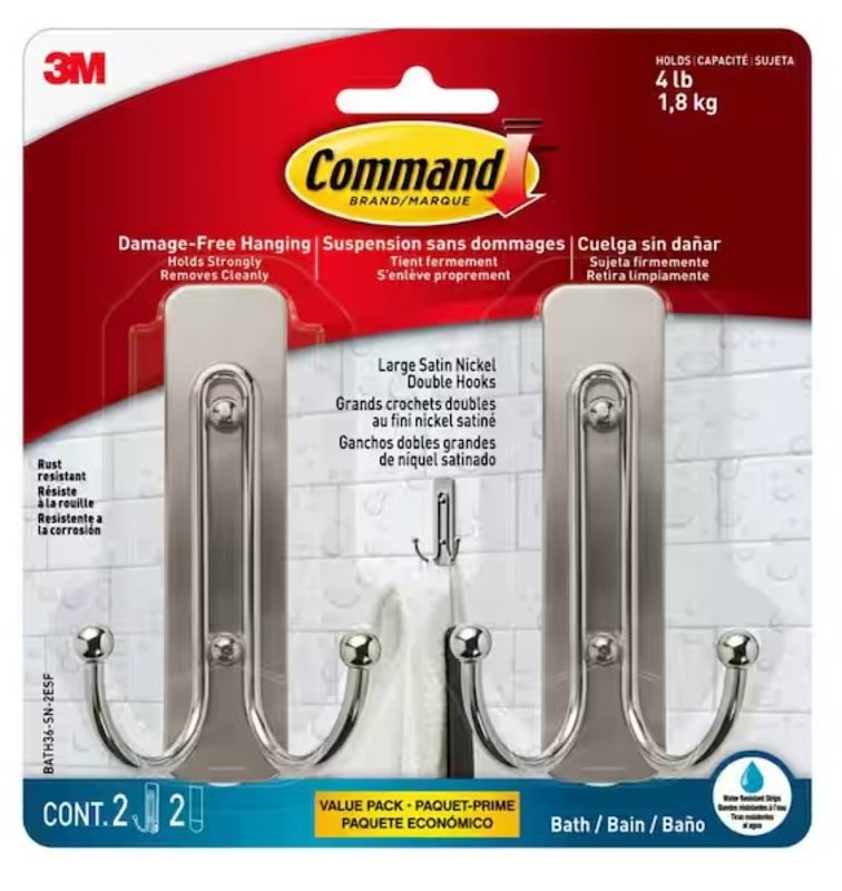 Command BATH36-SN-2ESF Large Bath Hook, 4 lb, 2-Hook, Metal, Satin Nickel