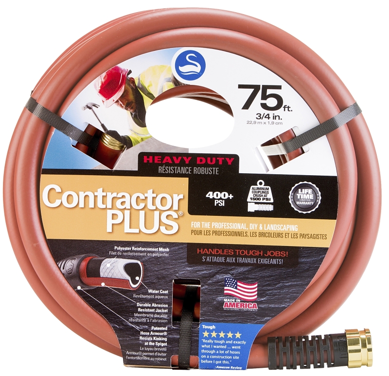 Swan ContractorPLUS CSNCG34075 Heavy-Duty Garden Hose, 3/4 in, 75 ft L, Female, Rubber/Vinyl, Red