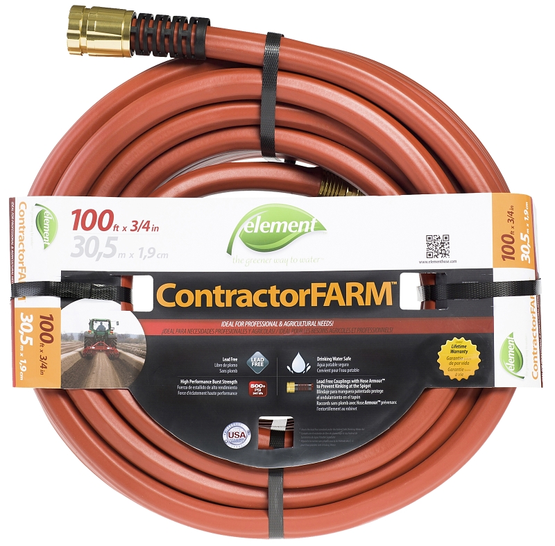 Element ContractorFARM CELCF34100 Heavy-Duty Water Hose, 3/4 in, 100 ft L, Female, Rubber, Red