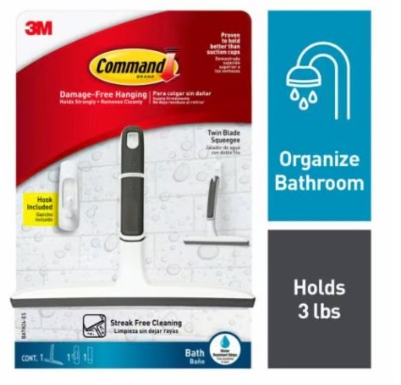 Command BATH24ES Shower Squeegee Stainless Steel Blade White
