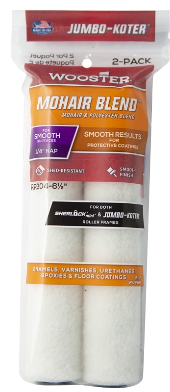 Wooster RR304-6 1/2 Jumbo Mini Roller Cover, 1/4 in Thick Nap, 6-1/2 in L, Mohair/Polyester Fabric Blend Cover, White