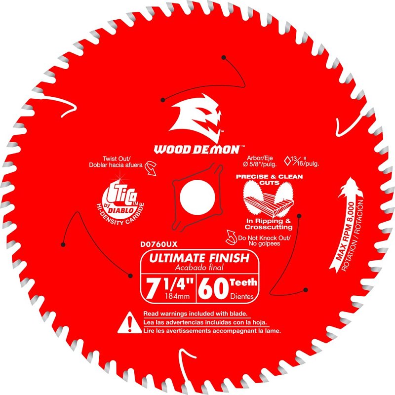 Diablo D0760UXA Saw Blade, 7-1/4 in Dia, 5/8 in Arbor, 60-Teeth, Carbide Cutting Edge, Pack of 10