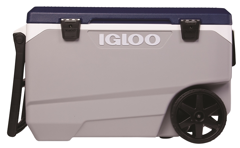 Igloo Maxcold Latitude Series 34547 Roller Cool Box, 137 Cans, 90 qt Cooler, Polyethylene, Aegean Sea/Carbonite