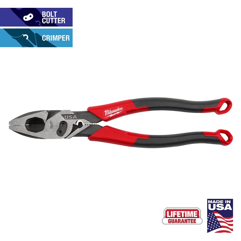 Milwaukee MT550C Lineman's Plier, 9 in OAL, 1.39 in Jaw Opening, Black/Red Handle, Comfort Grip Handle, 0.74 in W Jaw