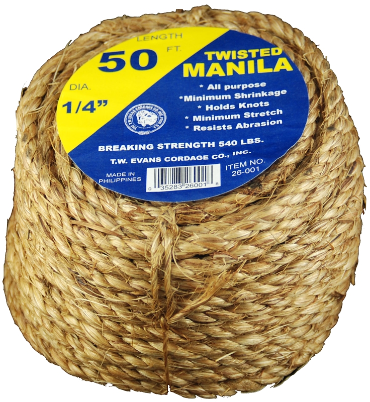 T.W. Evans Cordage 26-001 Rope, 1/4 in Dia, 50 ft L, 1/4 in, 54 lb Working Load, Manila, Natural