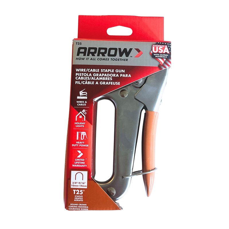 Arrow T25 Cable Staple Gun, Crown Staple, 3/8, 7/16, 9/16 in W Crown, 9/32, 3/8, 7/16, 9/16 in L Leg, Steel Staple