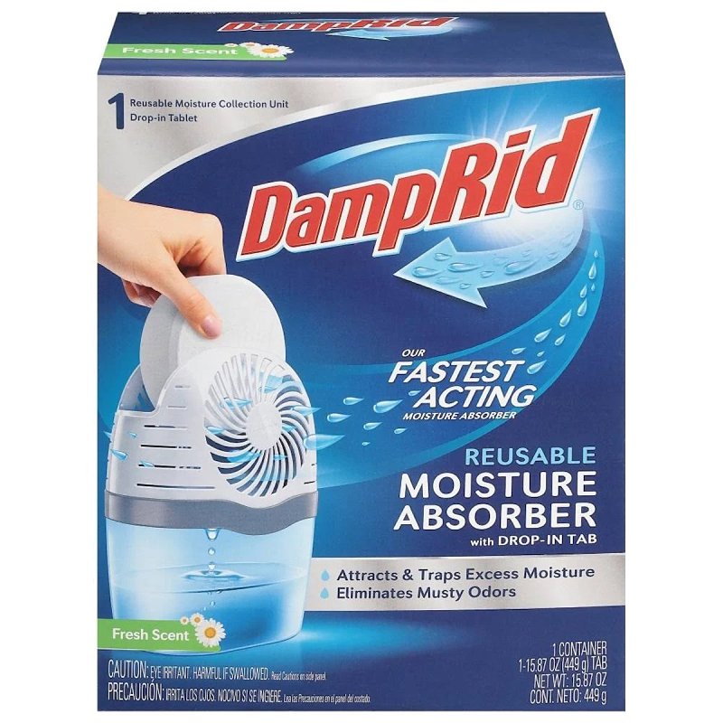 DampRid FG96FSSB Reusable Drop-In Tab Moisture Absorber Starter Kit, 15.8 oz Tablet, Solid, Fresh, Pack of 4