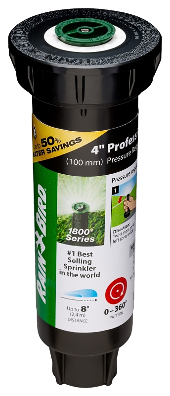Rain Bird 1804AP8PRS Pressure Regulated Pop-Up Sprinkler, 1/2 in Connection, FNPT, 4 in H Pop-Up, 8 ft, Plastic