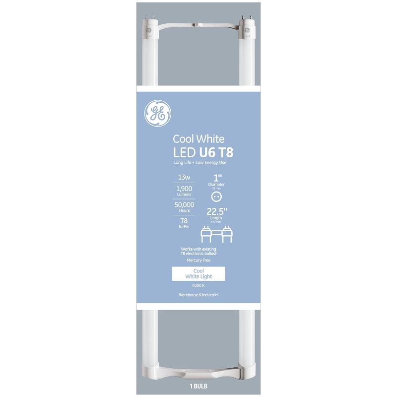 GE 93095867 LED Tube Light Bulb, Specialty, T8 Lamp, Bi-Pin Lamp Base, Clear, Cool White Light, 4000 K Color Temp, Pack of 6