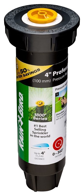 Rain Bird 1804AP4PRS Pressure Regulated Pop-Up Sprinkler, 1/2 in Connection, FNPT, 4 in H Pop-Up, 4 ft, Plastic