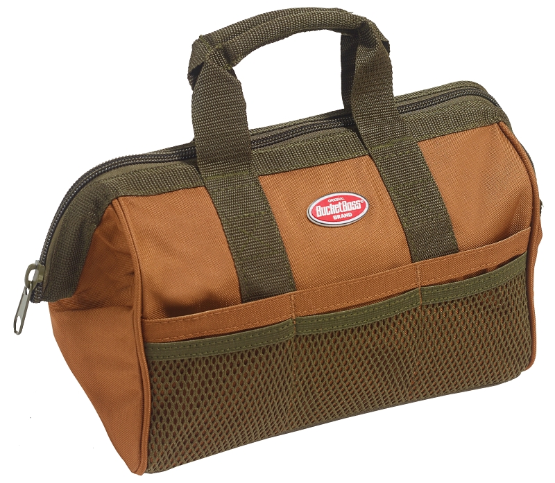 Bucket Boss Professional Series 60013 Gatemouth Tool Bag, 13 in W, 8 in D, 10 in H, 6-Pocket, 600D Polyester, Brown