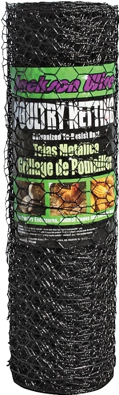 Jackson Wire 12 01 23 29 Poultry Netting, 50 ft L, 24 in W, 20 ga Gauge, Hexagonal Mesh, 1 in Mesh, Vinyl-Coated, Black
