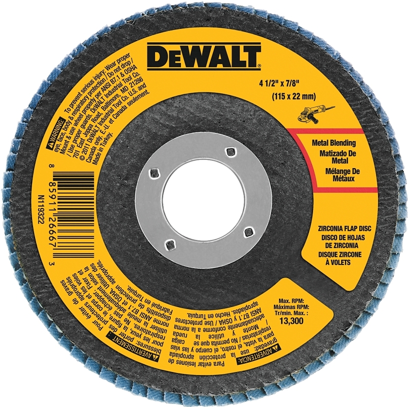 DEWALT DWA8207 Flap Disc, 4-1/2 in Dia, 7/8 in Arbor, 60 Grit, Medium, Zirconia Abrasive, Fiberglass Backing