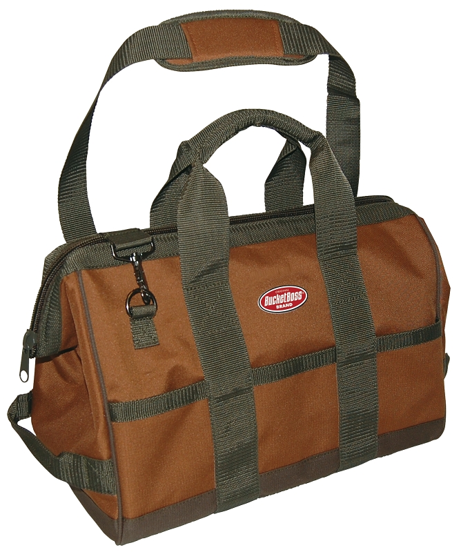 Bucket Boss Original Series 60016 Gatemouth Tool Bag, 16 in W, 9 in D, 12 in H, 16-Pocket, 600D Polyester, Brown