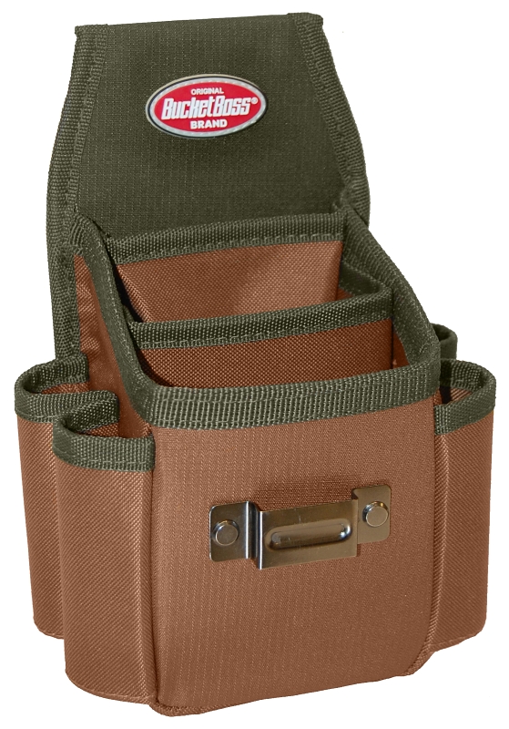 Bucket Boss 54175 Utility Plus Pouch, 3-Pocket, 600D Polyester, Brown/Green, 6-1/2 in W, 9-1/5 in H, 4 in D