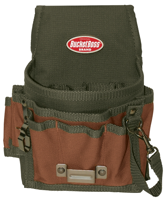 Bucket Boss 54140 Tool Pouch, 9-Pocket, 600D Polyester, Brown/Green, 7-1/2 in W, 9 in H, 3 in D
