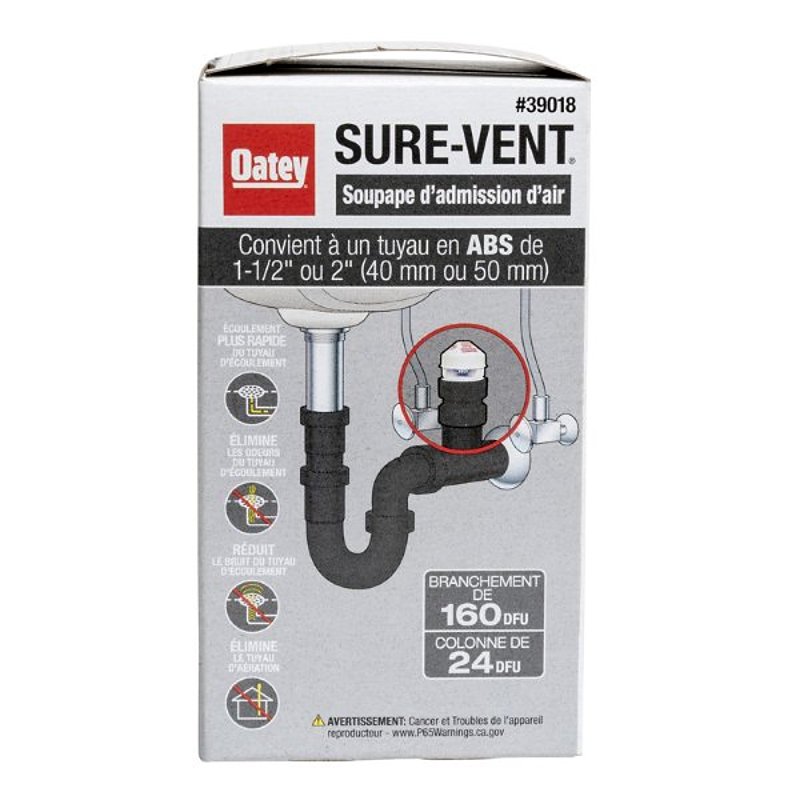 Oatey Sure-Vent 39018 Air Admittance Valve, 1-1/2 to 2 in Connection, Snap-On, ABS