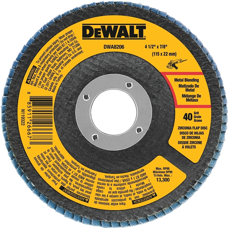 DEWALT DWA8206 Flap Disc, 4-1/2 in Dia, 7/8 in Arbor, 40 Grit, Coarse, Zirconia Abrasive, Fiberglass Backing