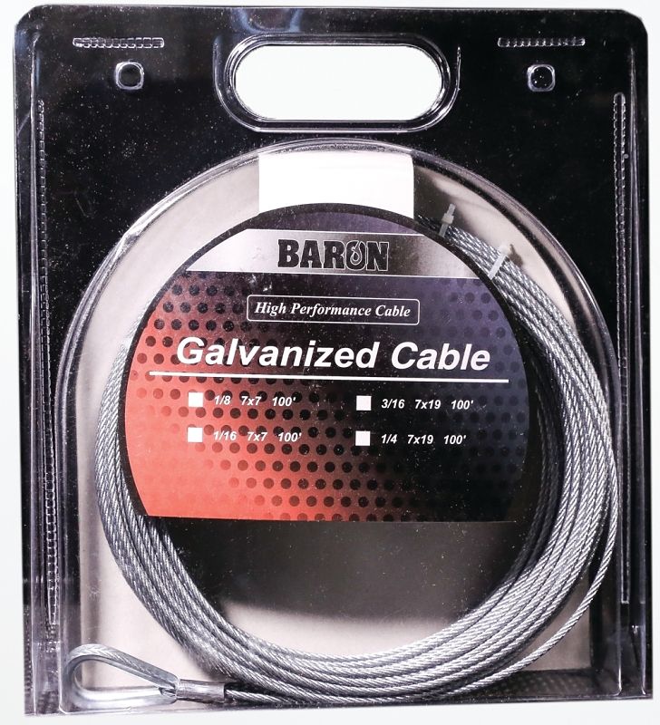 Baron 76005/50067 Aircraft Cable, 1/16 in Dia, 100 ft L, 96 lb Working Load, Steel, Galvanized