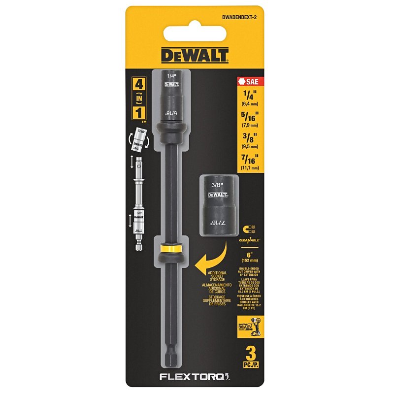 DEWALT FLEXTORQ DWADENDEXT-2 4-in-1 Double-Ended Nut Driver, 1/4, 5/16, 3/8, 7/16 in Drive, Hex Drive, 6 in L, Hex Shank