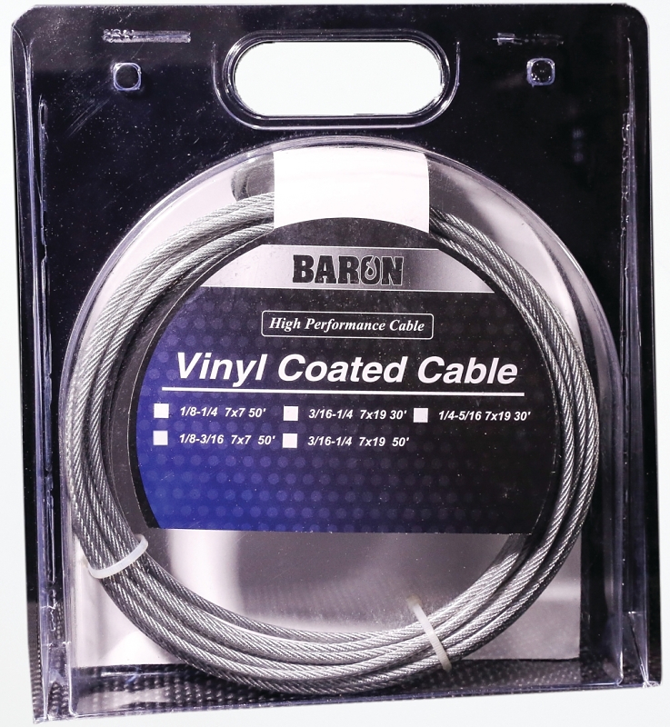 Baron 50201/50210 Aircraft Cable, 1/8 to 3/16 in Dia, 50 ft L, 340 lb Working Load, Galvanized Steel, Vinyl-Coated