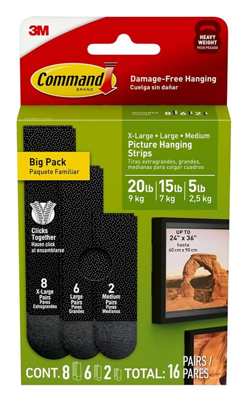 Command 17218BLK-16ES Picture Hanging Strip, 20 lb, Foam, Black, Adhesive