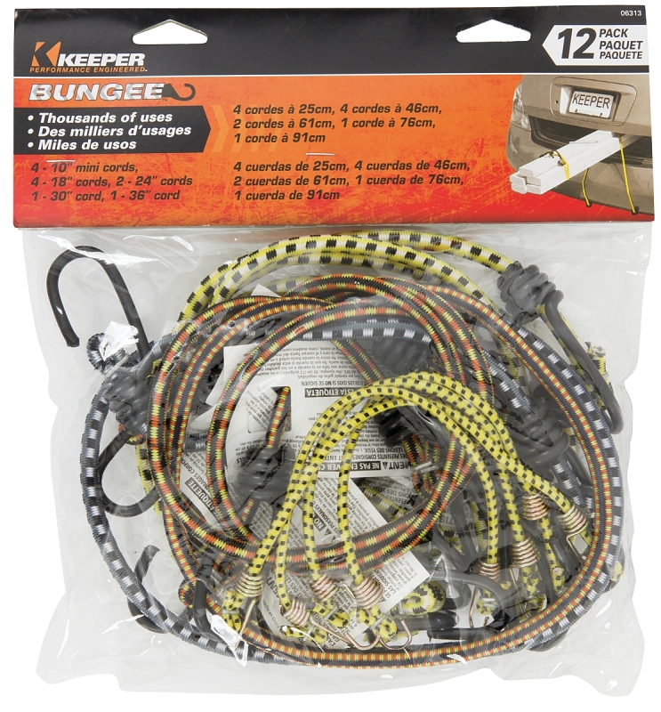 Keeper 06313 Bungee Cord, 10 in L, Rubber, Multi-Color, Hook End
