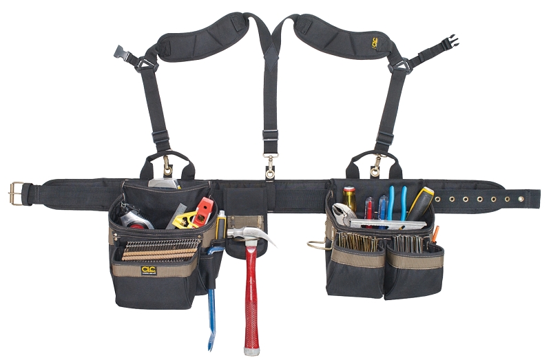 CLC TOOL WORKS 1614 5-Piece Framer's Combo Rig Tool Belt, 29 to 46 in Waist, Polyester Fabric, Black/Khaki, 20-Pocket