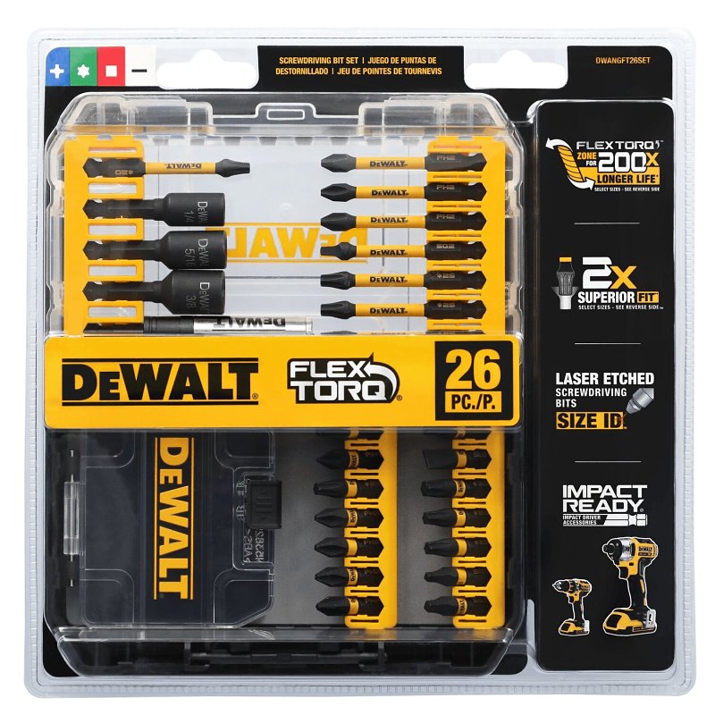 DEWALT FLEXTORQ, IMPACT READY DWANGFT26SET Screwdriver Bit Set, 26-Piece, Tool Steel, Black/Yellow