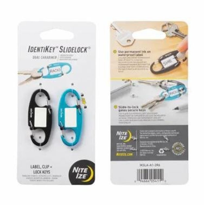 Nite Ize IdentiKey SlideLock Series IKSLA-A1-2R6 Dual Carabiner, 2.09 in OAL, Aluminum, Black/Blue