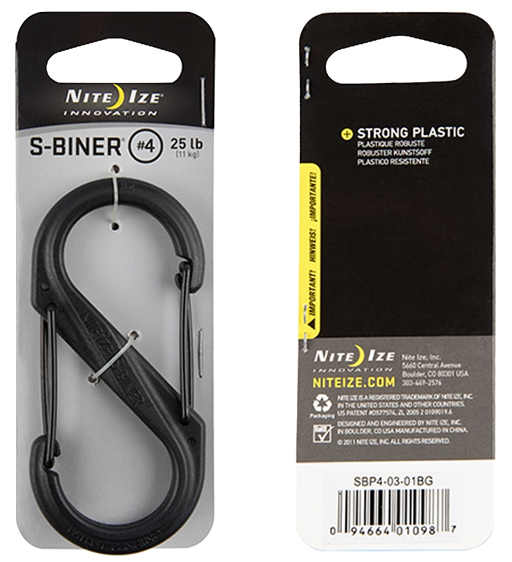 Nite Ize S-Biner Series SBP4-03-01BG Medium Dual Carabiner, 3-1/2 in OAL, #4 Dia Ring, Glass Filled Nylon, Black