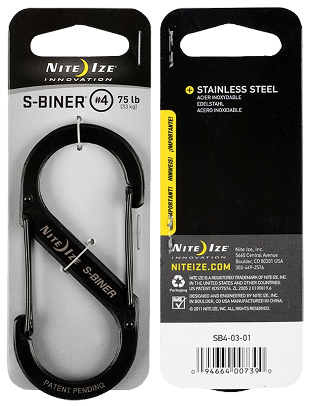 Nite Ize S-Biner Series SB4-03-01 Dual Carabiner, 3-1/2 in OAL, #4 Dia Ring, Stainless Steel, Black