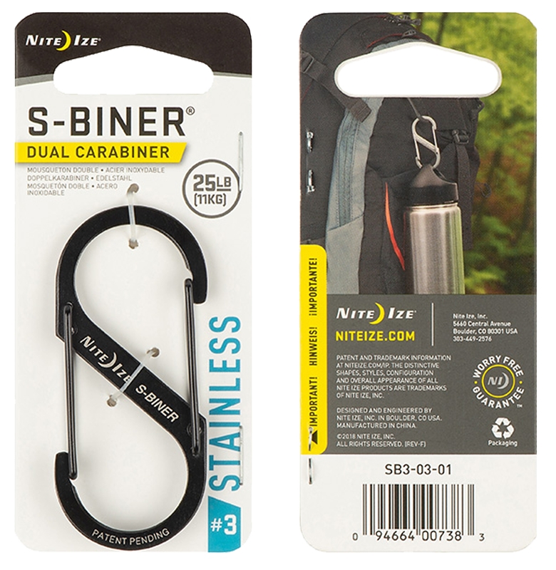 Nite Ize S-Biner Series SB3-03-01 Dual Carabiner, 2.7 in OAL, #3 Dia Ring, Stainless Steel, Black