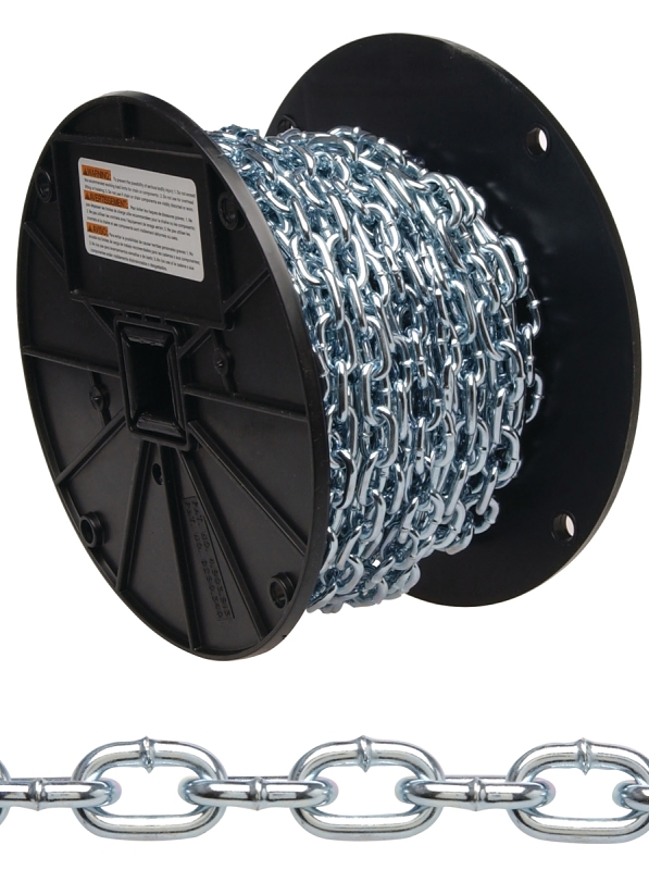 Campbell 0726727 Straight Link Coil Chain, #2, 125 ft L, 325 lb Working Load, Steel, Zinc-Plated