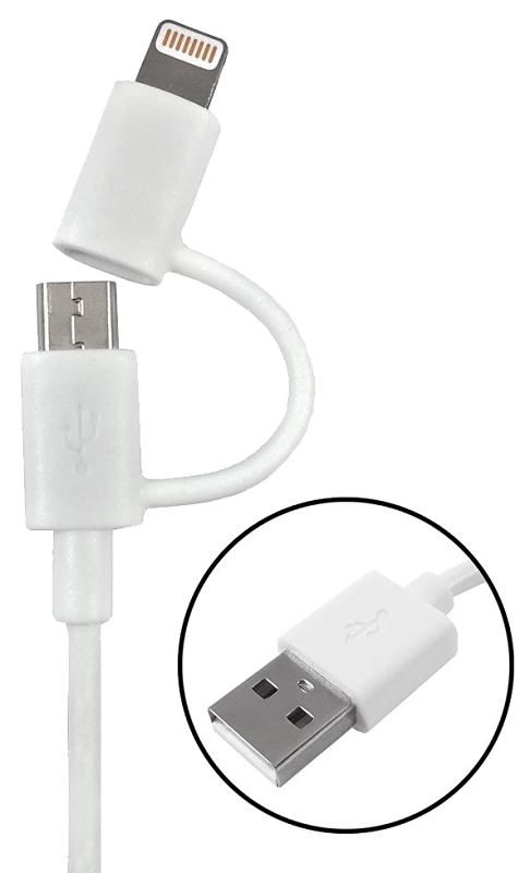Zenith PM1002MU8ADP Charging Cable, Micro USB, Lightning 8-Pin, Aluminum, White, 3 ft L