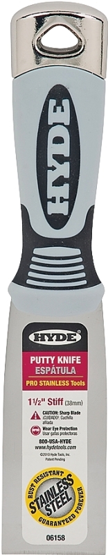 Hyde Pro Stainless Series 06158 Putty Knife, 1-1/2 in W Blade, Stainless Steel Blade, Plastic Handle, Soft Grip Handle
